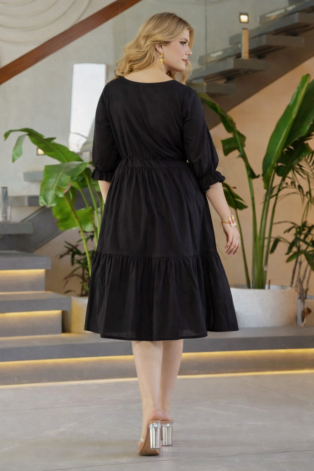 Image of tckty Women Tiered Black Midi /Calf Length Dress