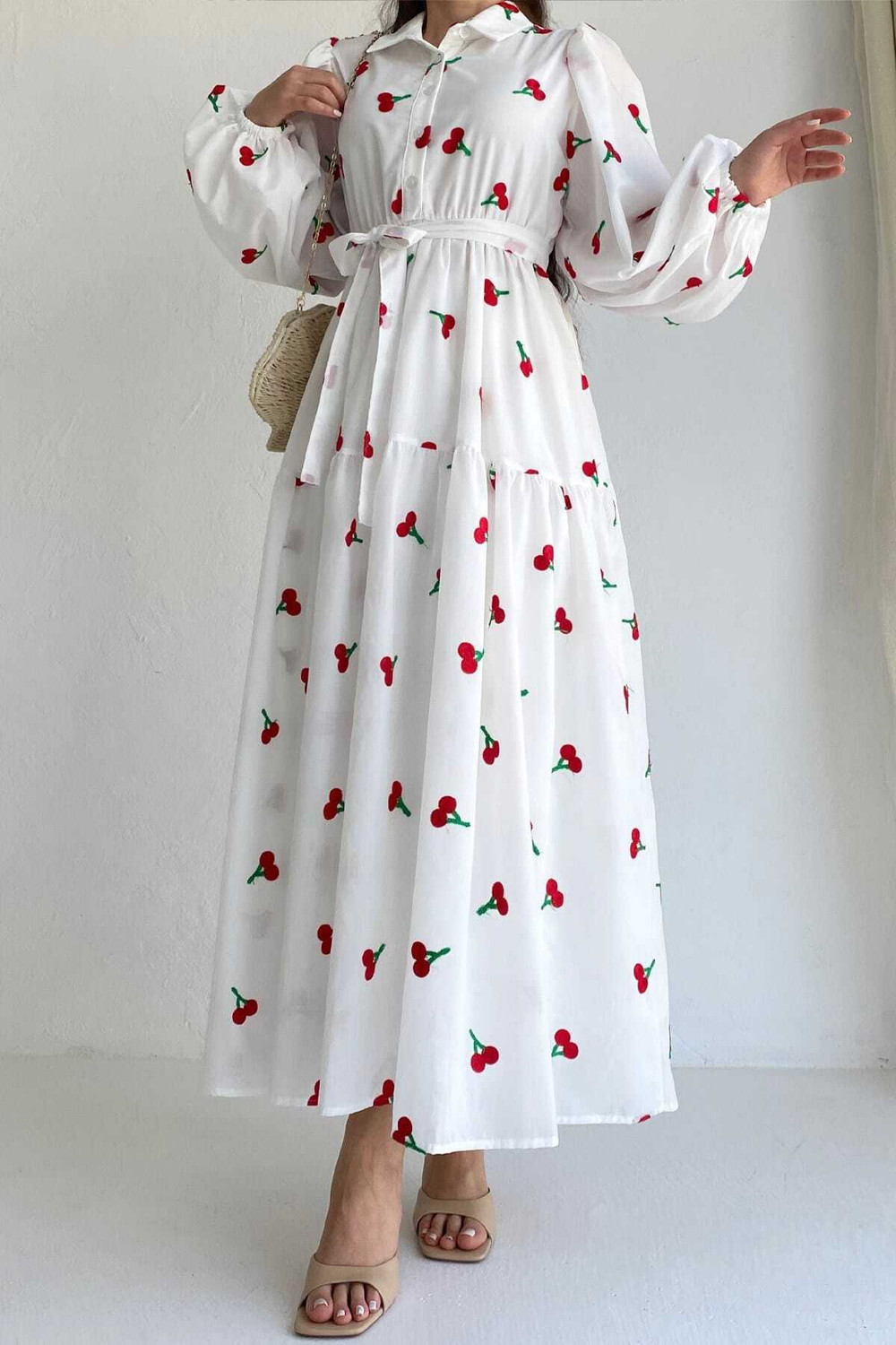 Image of SIRROWFAB Women Fit and Flare White, Red Maxi /Full Length Dress