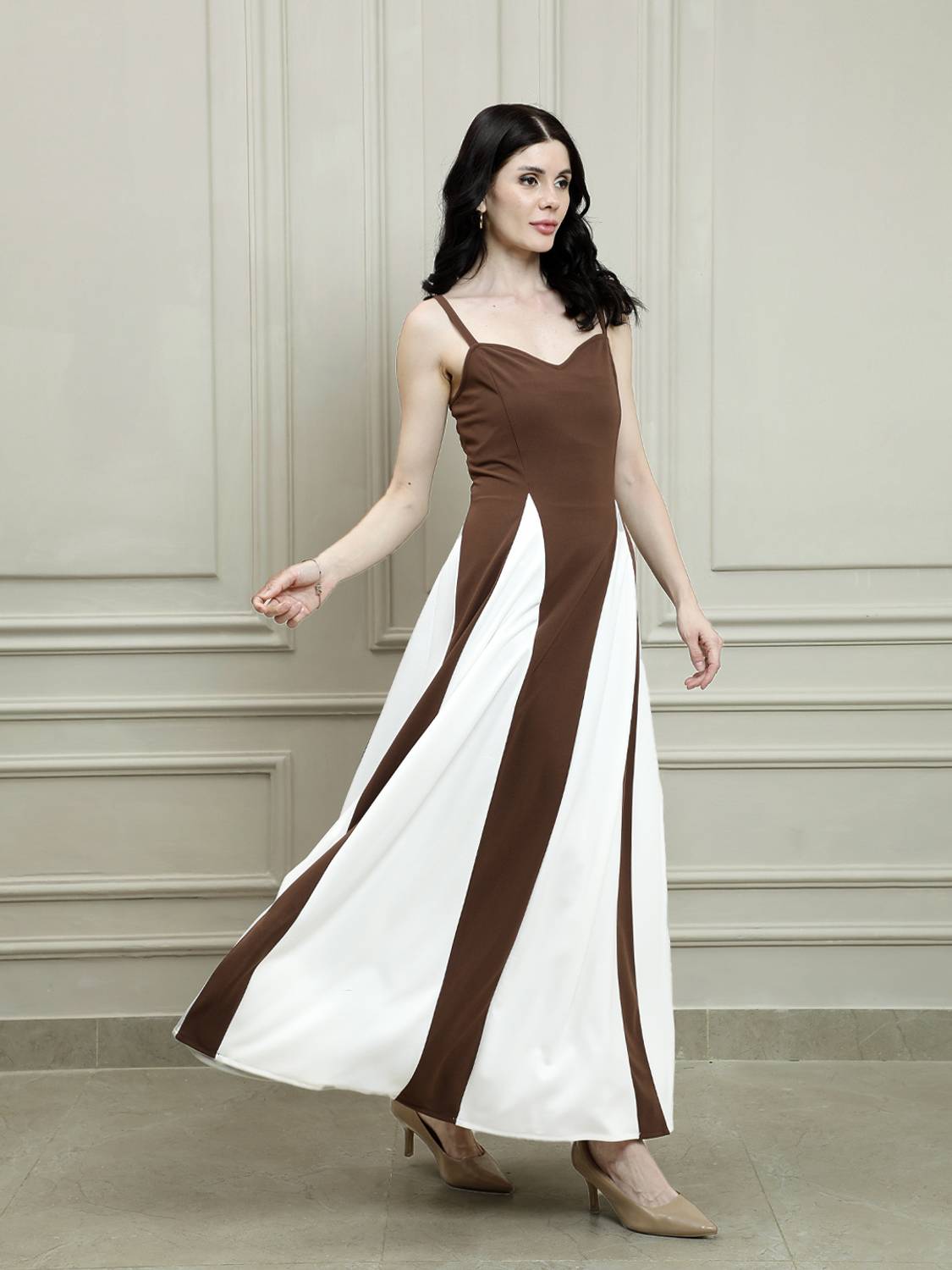 Shally Bhasin By Athena Women Maxi Brown, White Full Length Dress