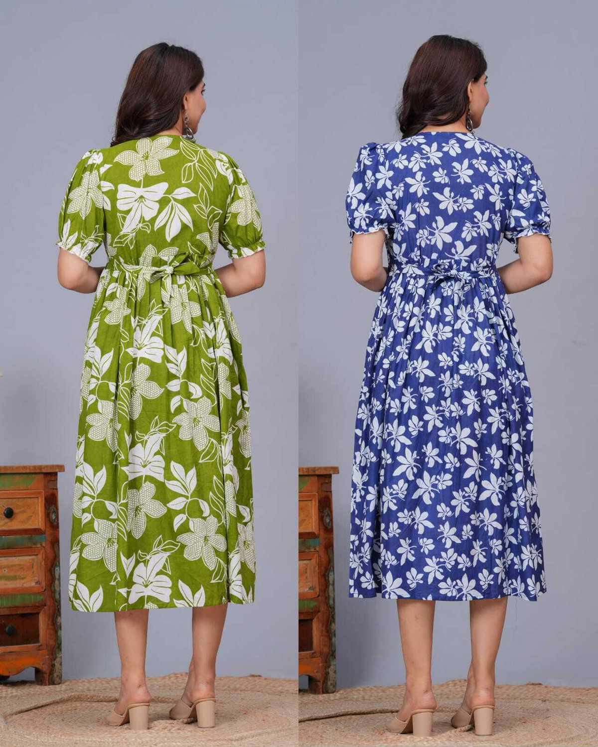 Image of Yuwan Women Maxi Green, Blue Below Knee Dress
