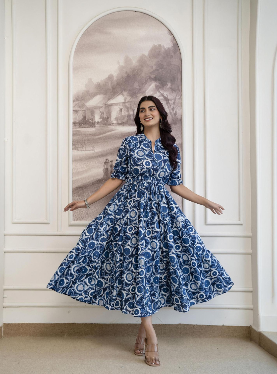 Image of FebQ Women Fit and Flare Blue Below Knee Dress
