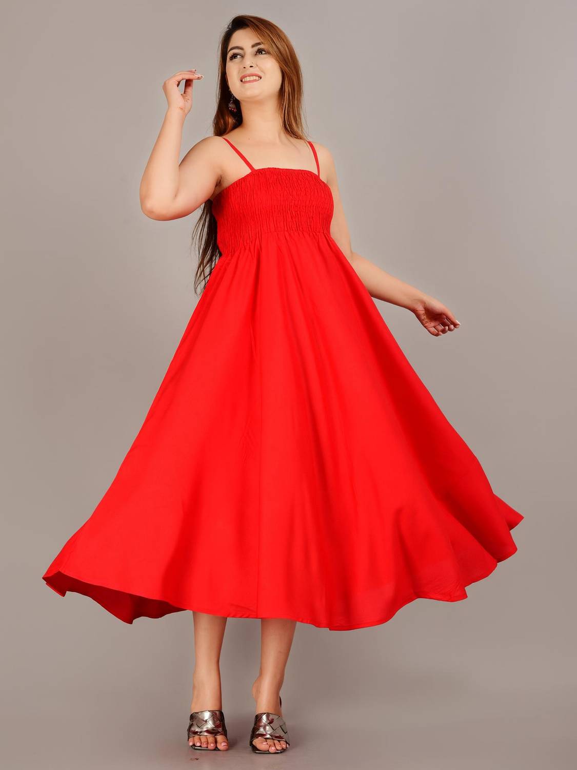 MEWEAR Women Fit and Flare Red Midi/Calf Length Dress
