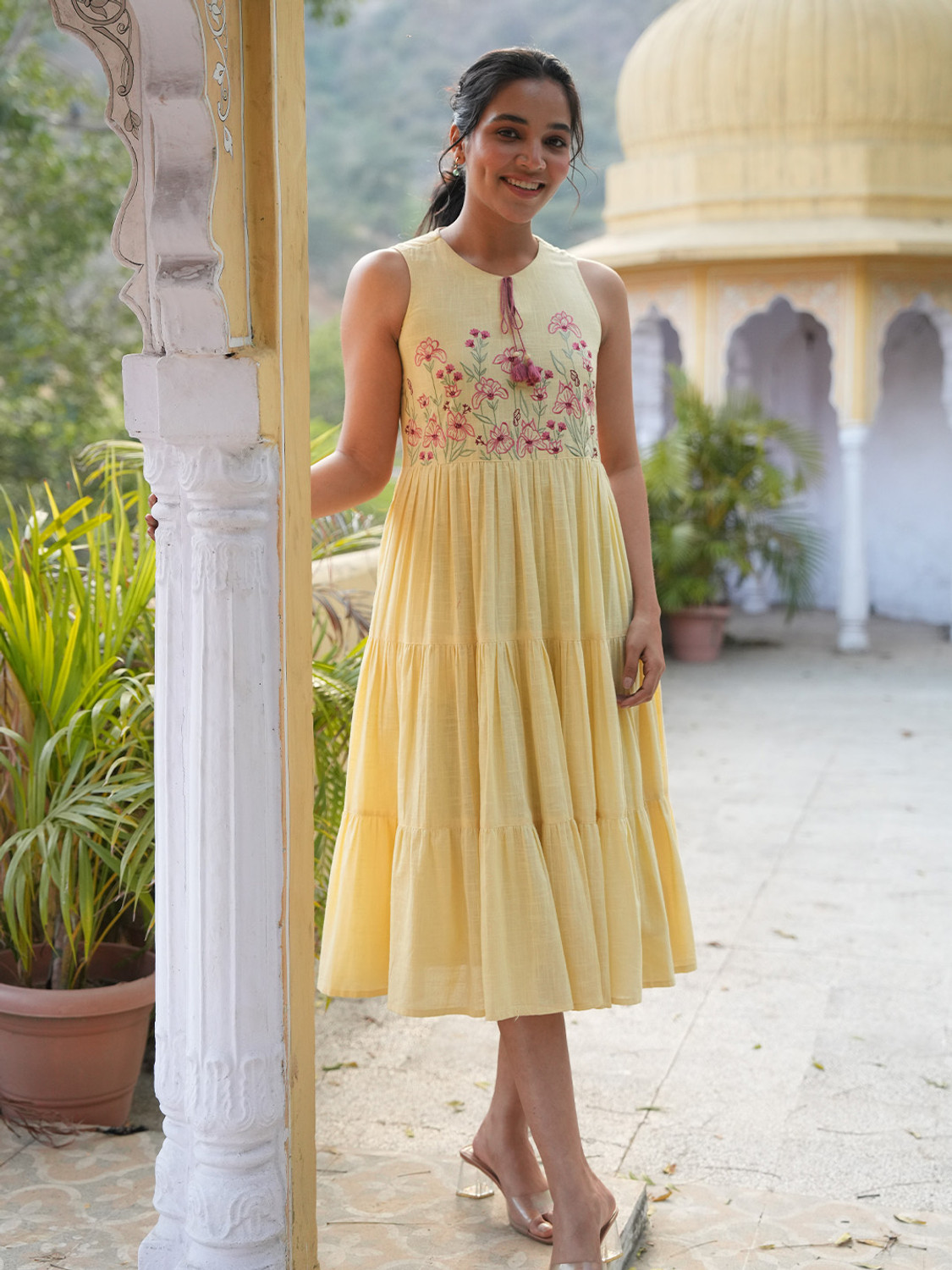 Image of Janasya Women Tiered Yellow Below Knee Dress