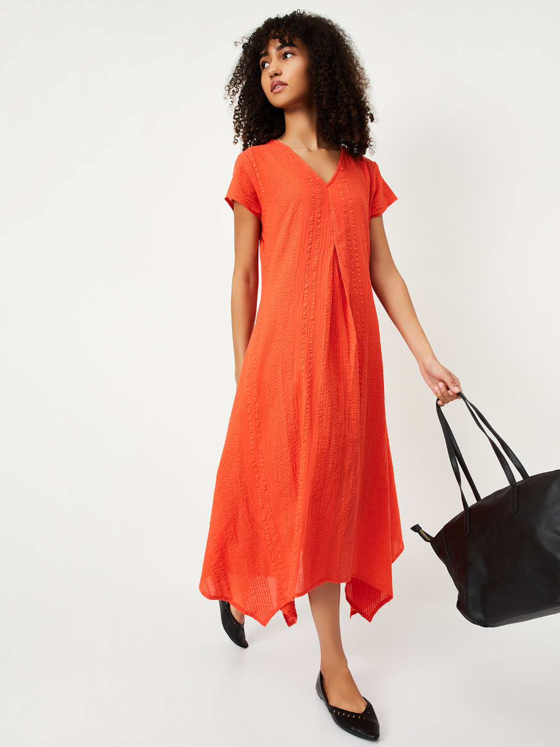 Image of MAX Women Asymmetric Orange Below Knee Dress