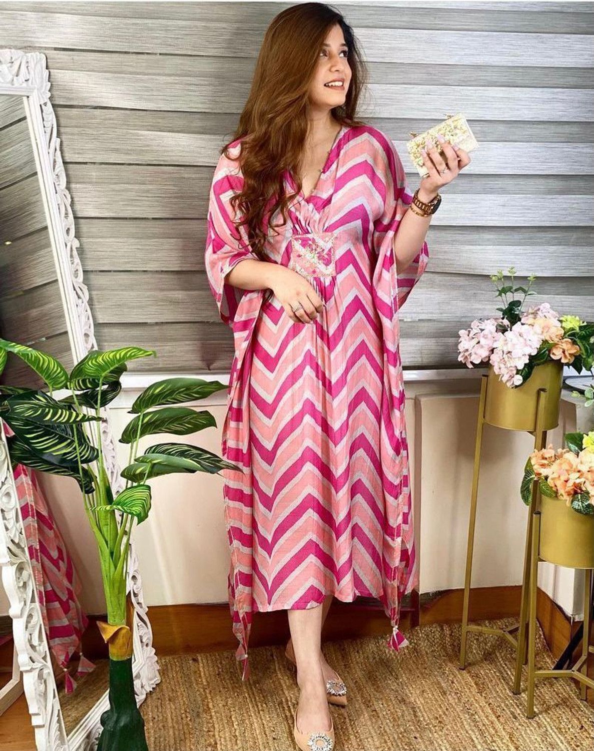Image of Fantasticss Women Kaftan Pink Midi /Calf Length Dress