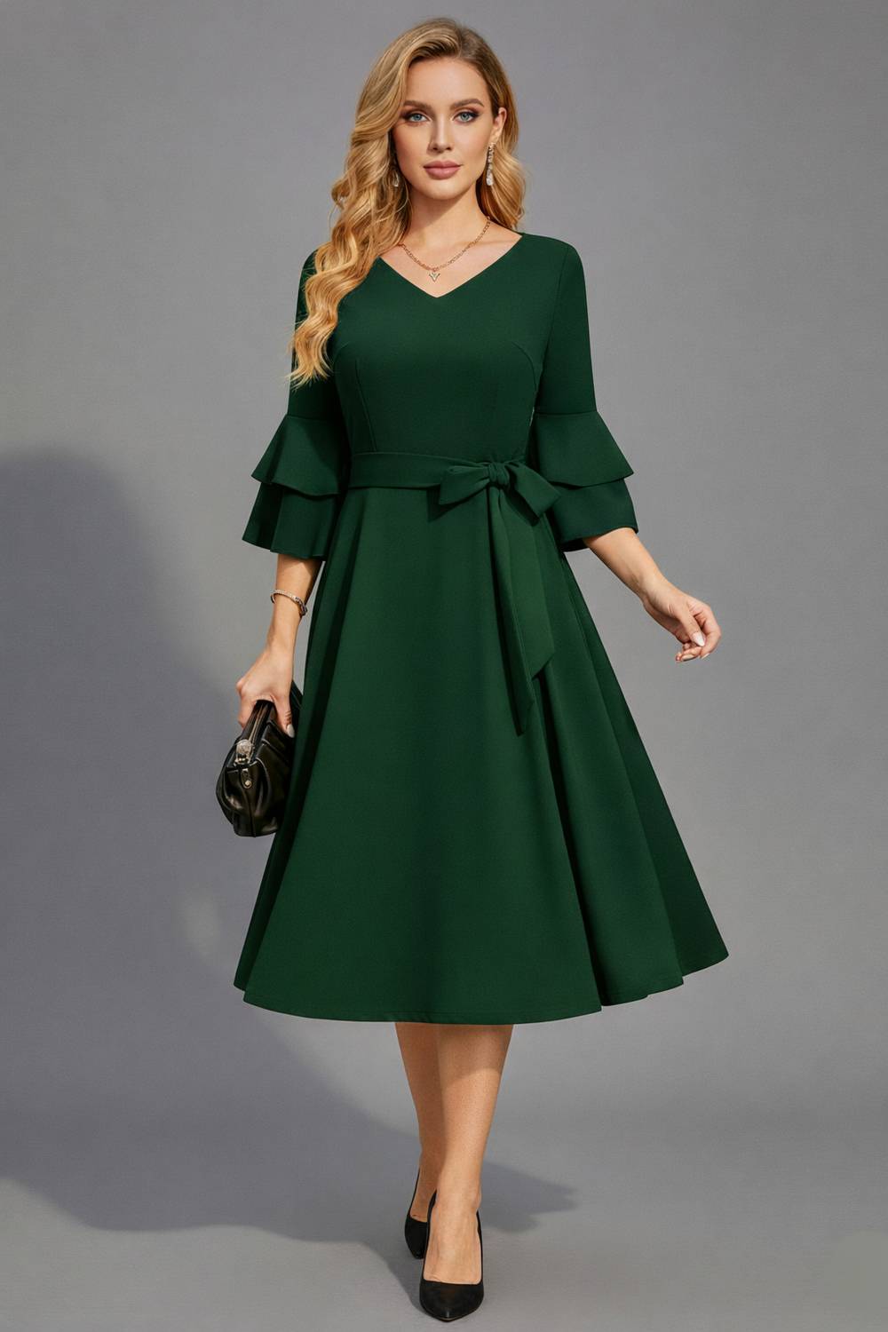 C4D Women Fit and Flare Dark Green Midi/Calf Length Dress