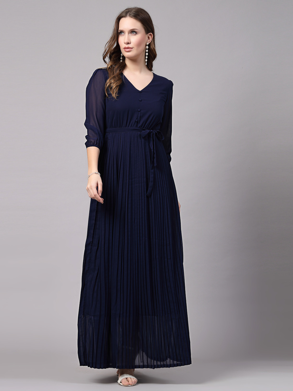 Image of AAYU Women Fit and Flare Dark Blue Maxi /Full Length Dress