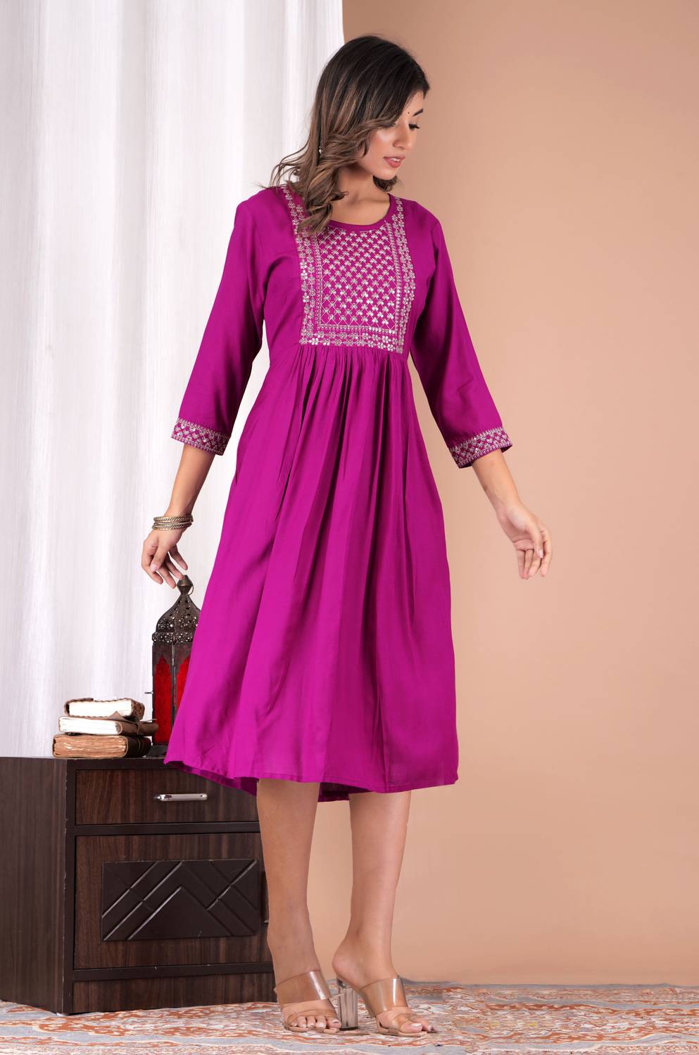 Alhadaya Women A-line Purple, Silver Below Knee Dress