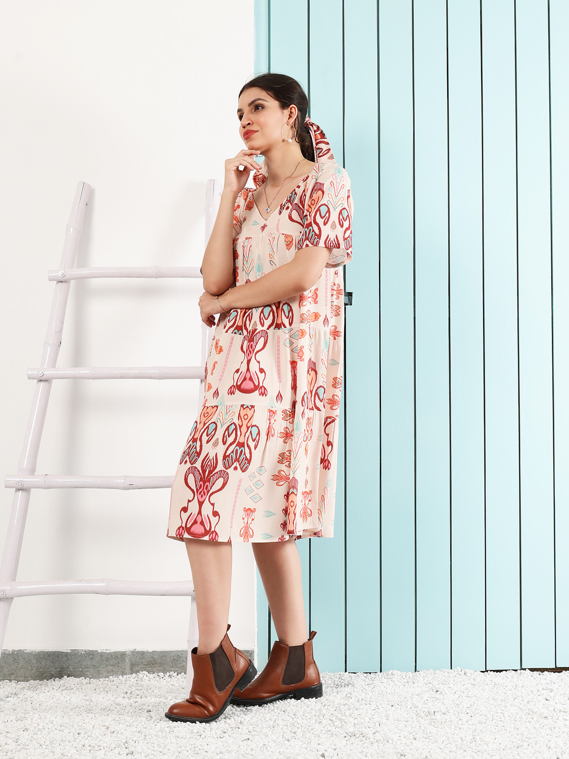 Image of Boho By Athena Women Fit and Flare Beige Below Knee Dress