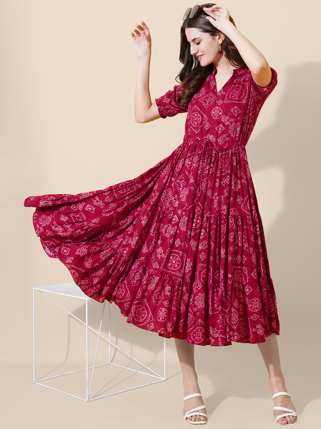 Image of flowervelly Women A-line Pink Below Knee Dress