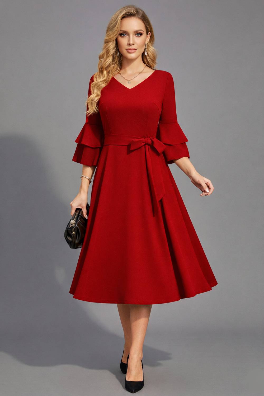 C4D Women Fit and Flare Red Midi/Calf Length Dress