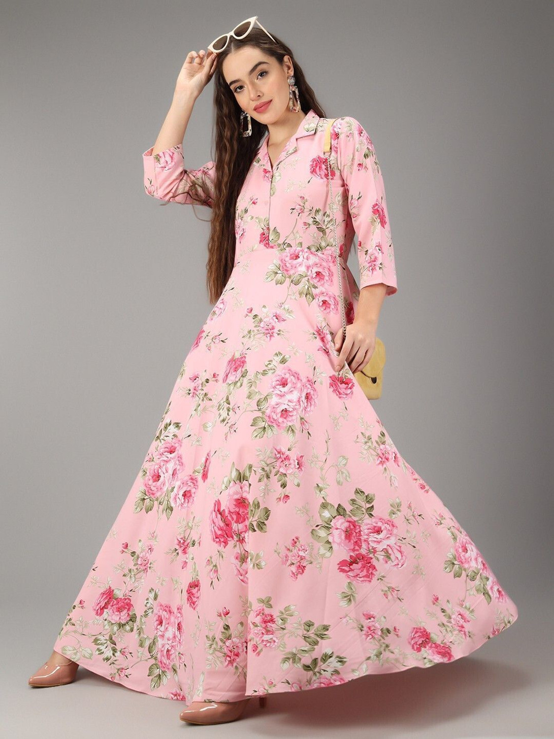 Image of Rudraaksha Women A-line Pink, Green Maxi /Full Length Dress