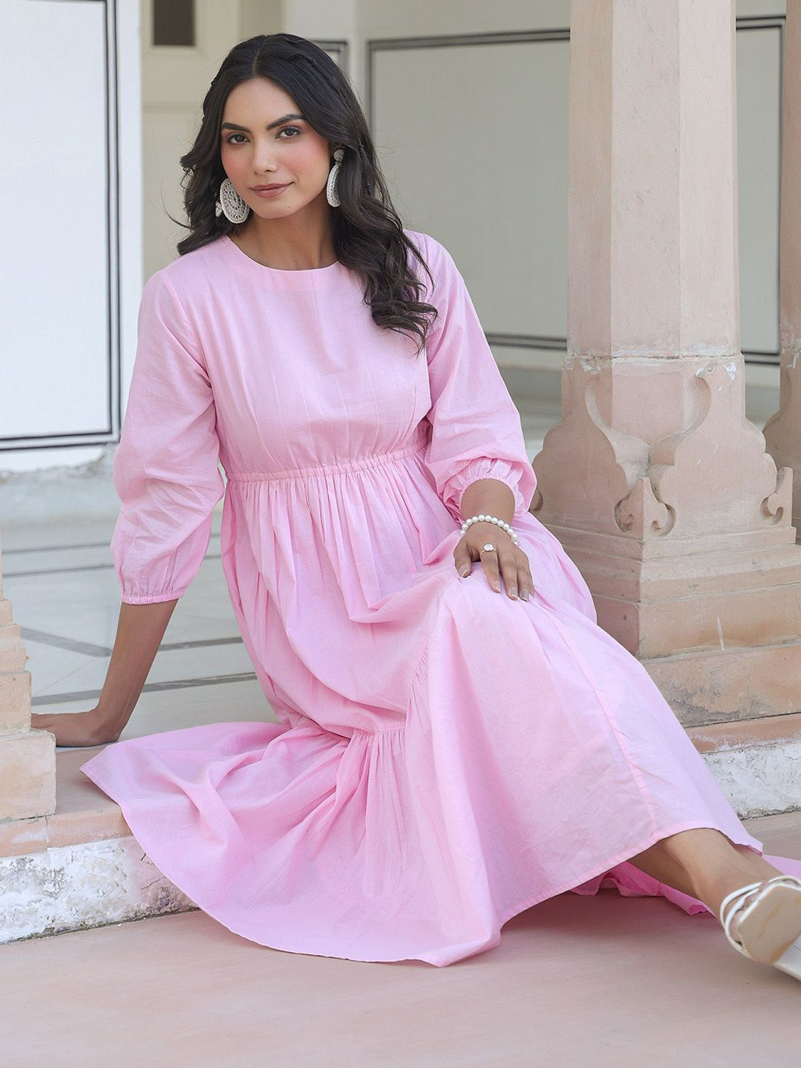 Image of Janasya Women Tiered Pink Midi /Calf Length Dress