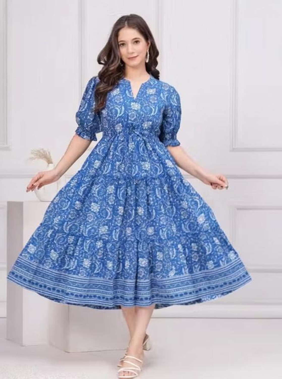 Image of Gustofab Women Fit and Flare Blue, White Midi /Calf Length Dress