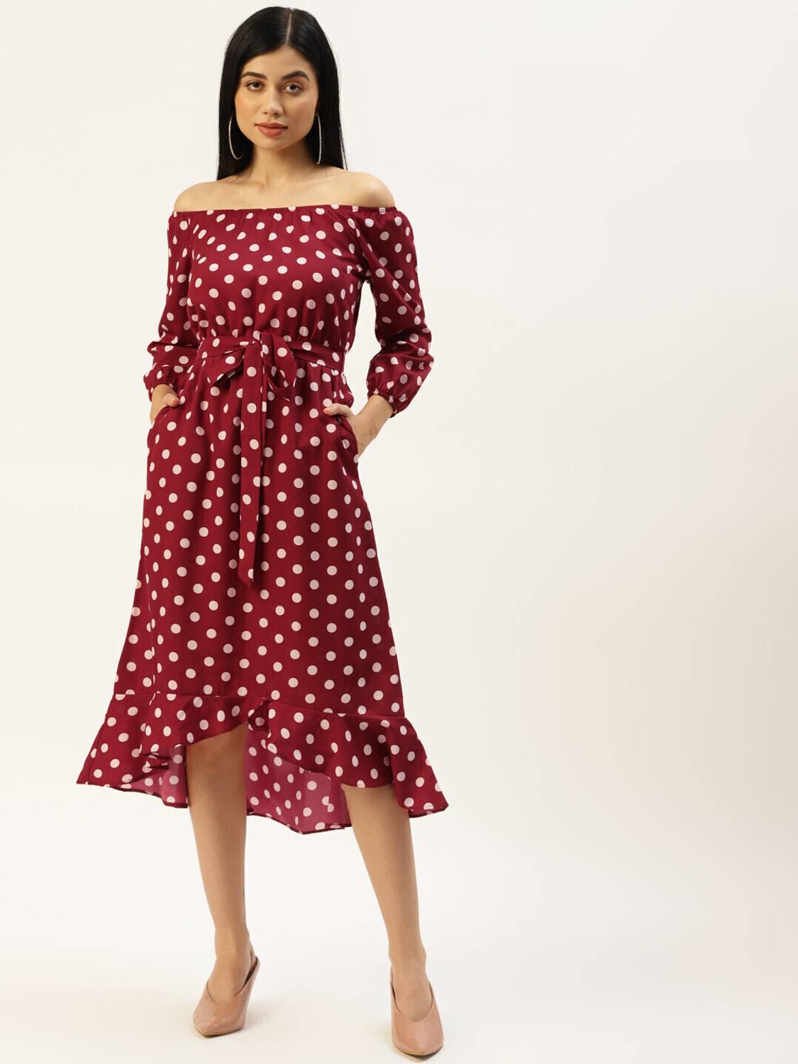 BRINNS Women Asymmetric Maroon, White Knee Length Dress