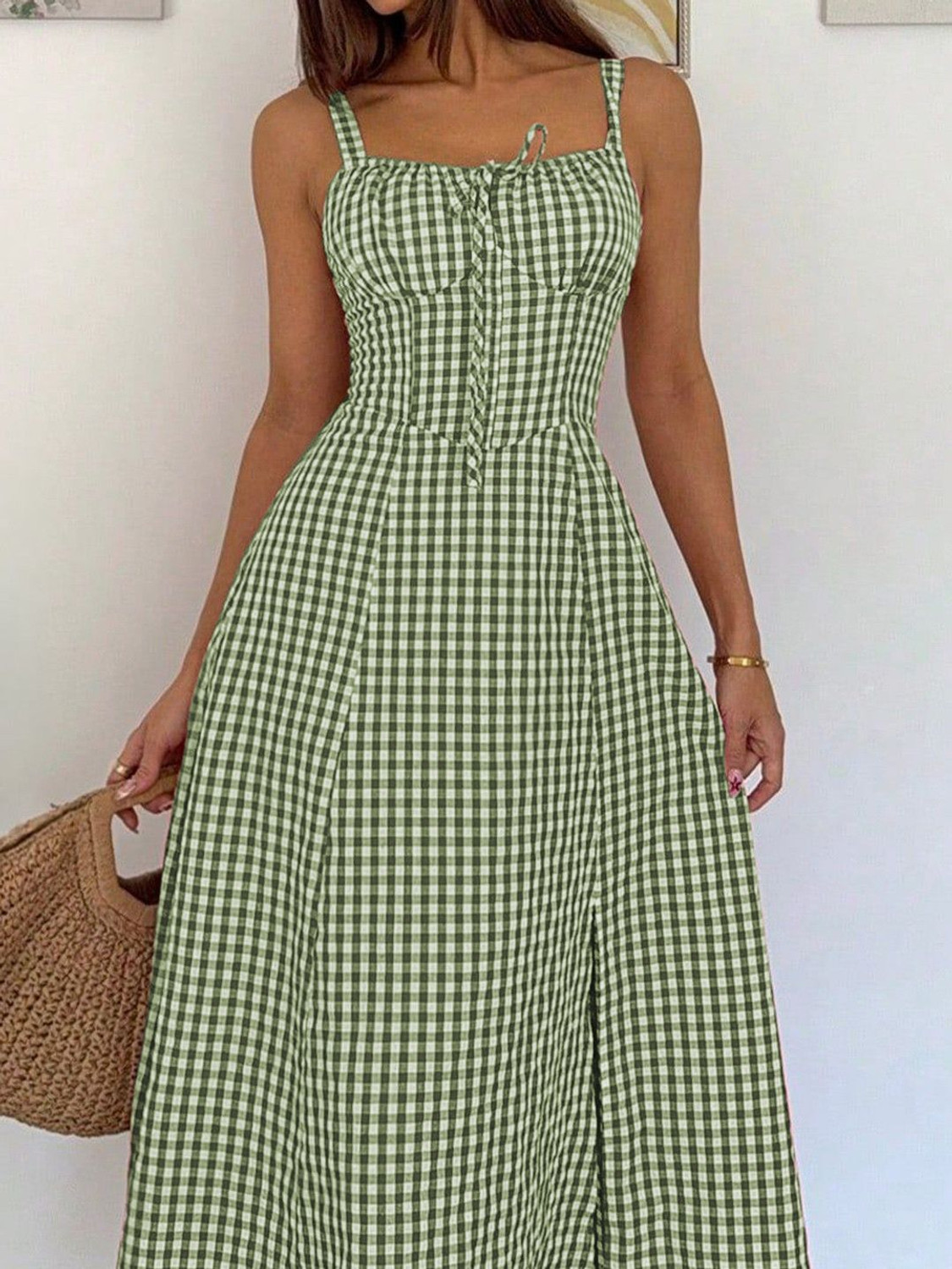 Image of METRONAUT Women Fit and Flare Green, White Midi /Calf Length Dress