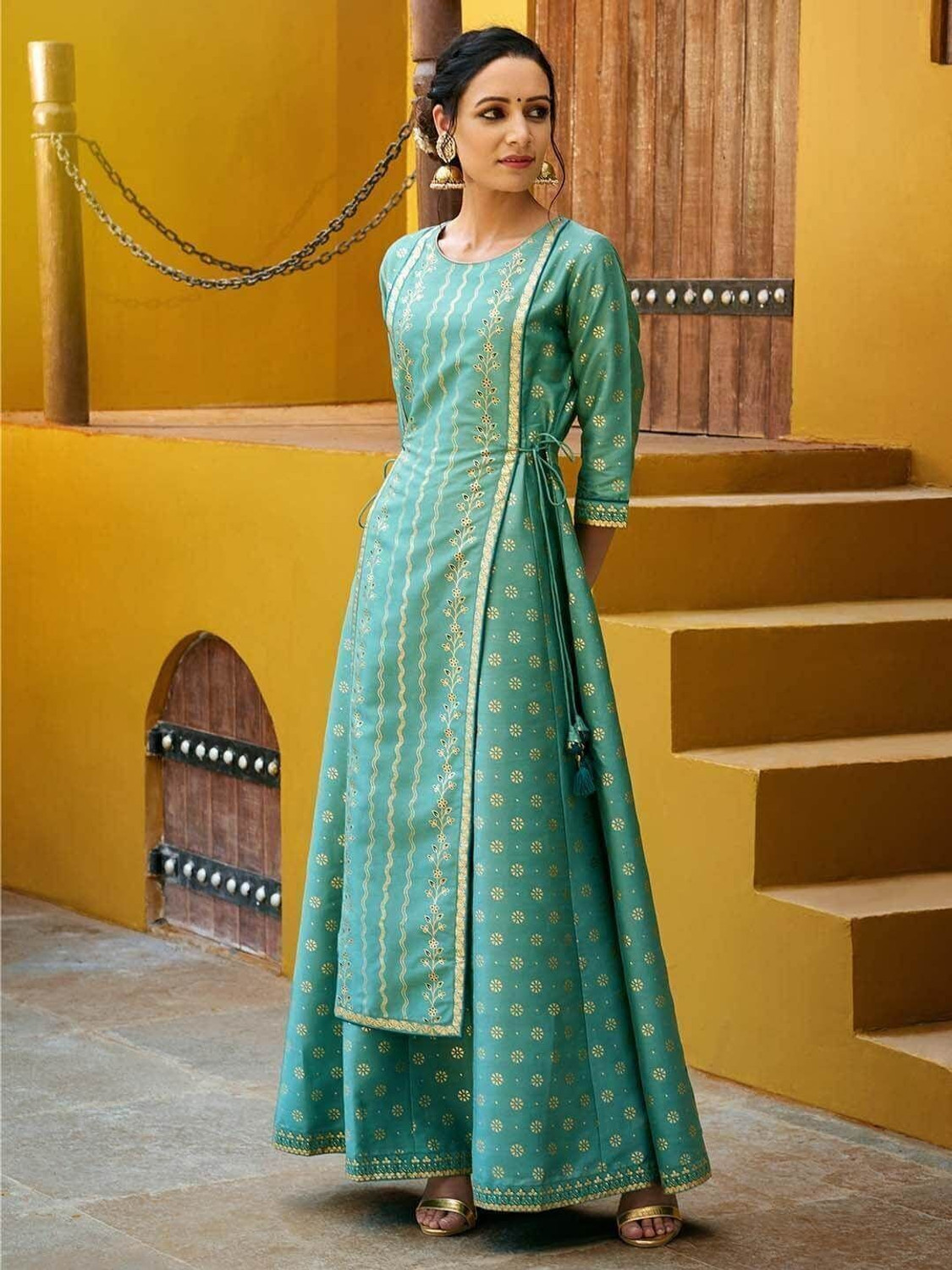 Image of Janasya Women Fit and Flare Light Green Maxi /Full Length Dress