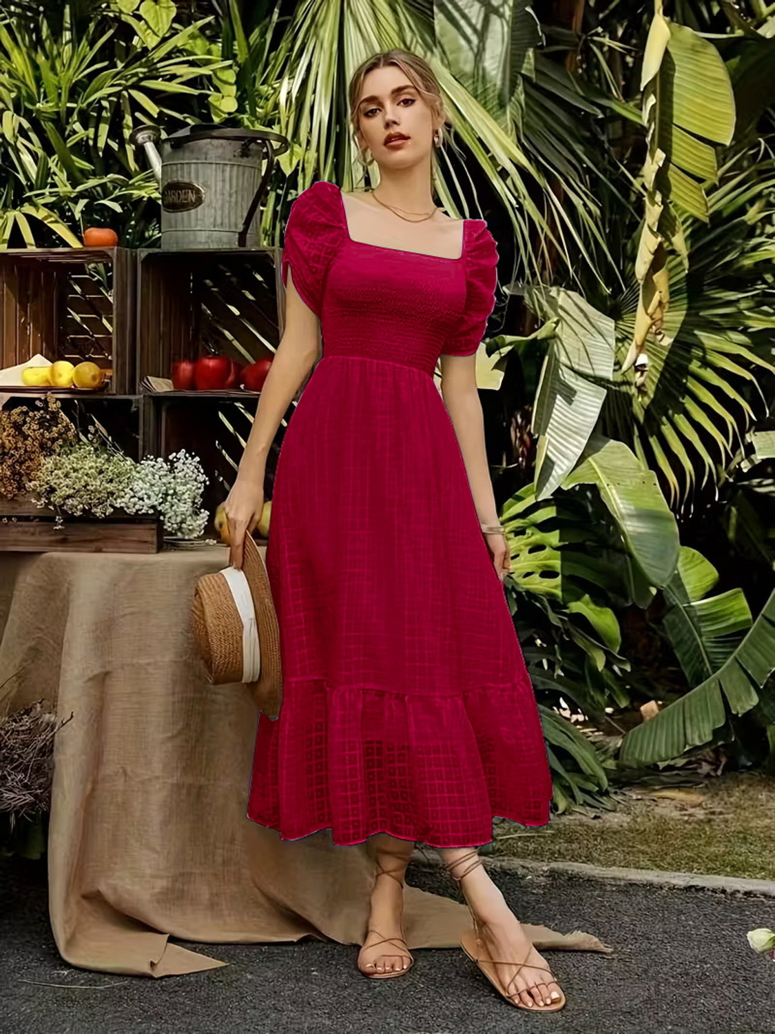 Image of EMERYLA Women Fit and Flare Maroon Midi /Calf Length Dress