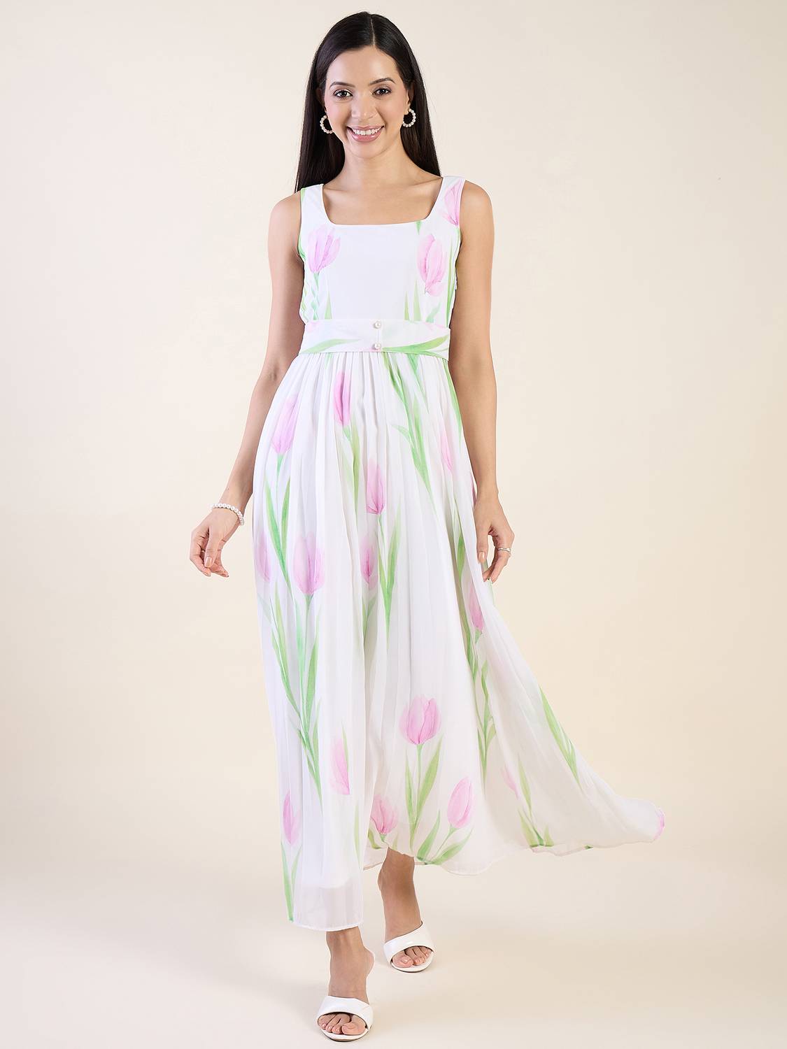 AAYU Women Fit and Flare White, Pink Maxi/Full Length Dress