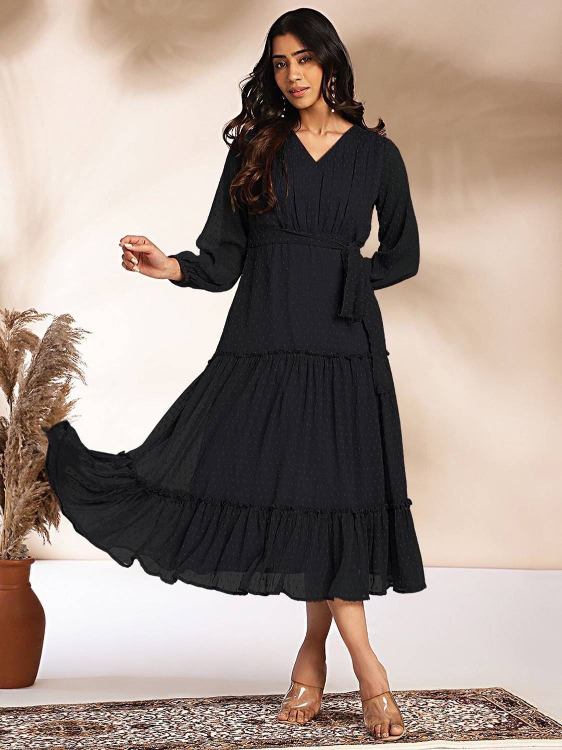 Janasya Women Tiered Black Midi/Calf Length Dress - Buy Janasya