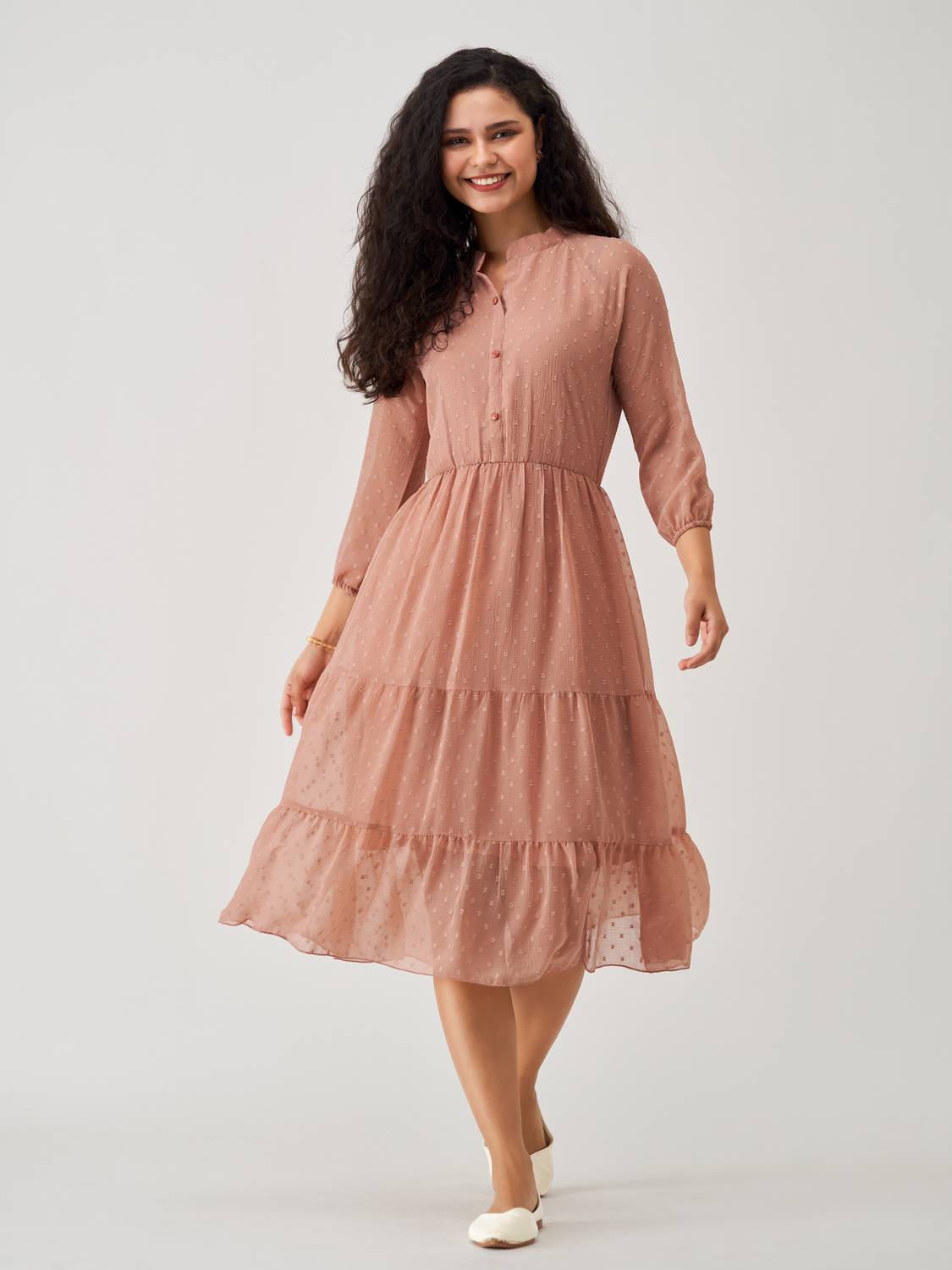 AASK Women Fit and Flare White, Orange Midi/Calf Length Dress