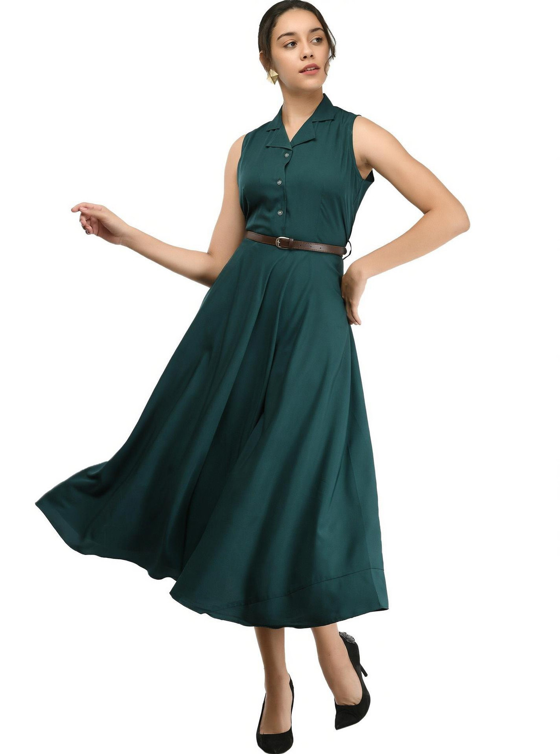 Image of Rudraaksha Women Fit and Flare Green Below Knee Dress With Mask