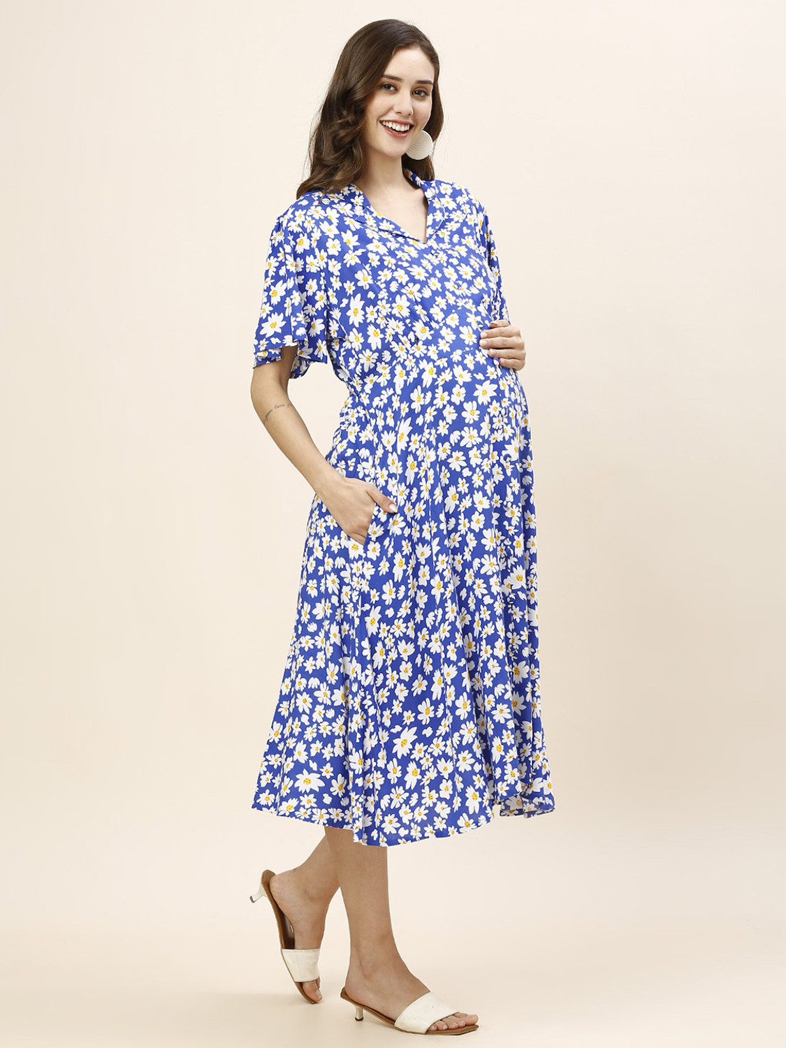 Image of MomToBe Women Fit and Flare Blue Midi /Calf Length Dress