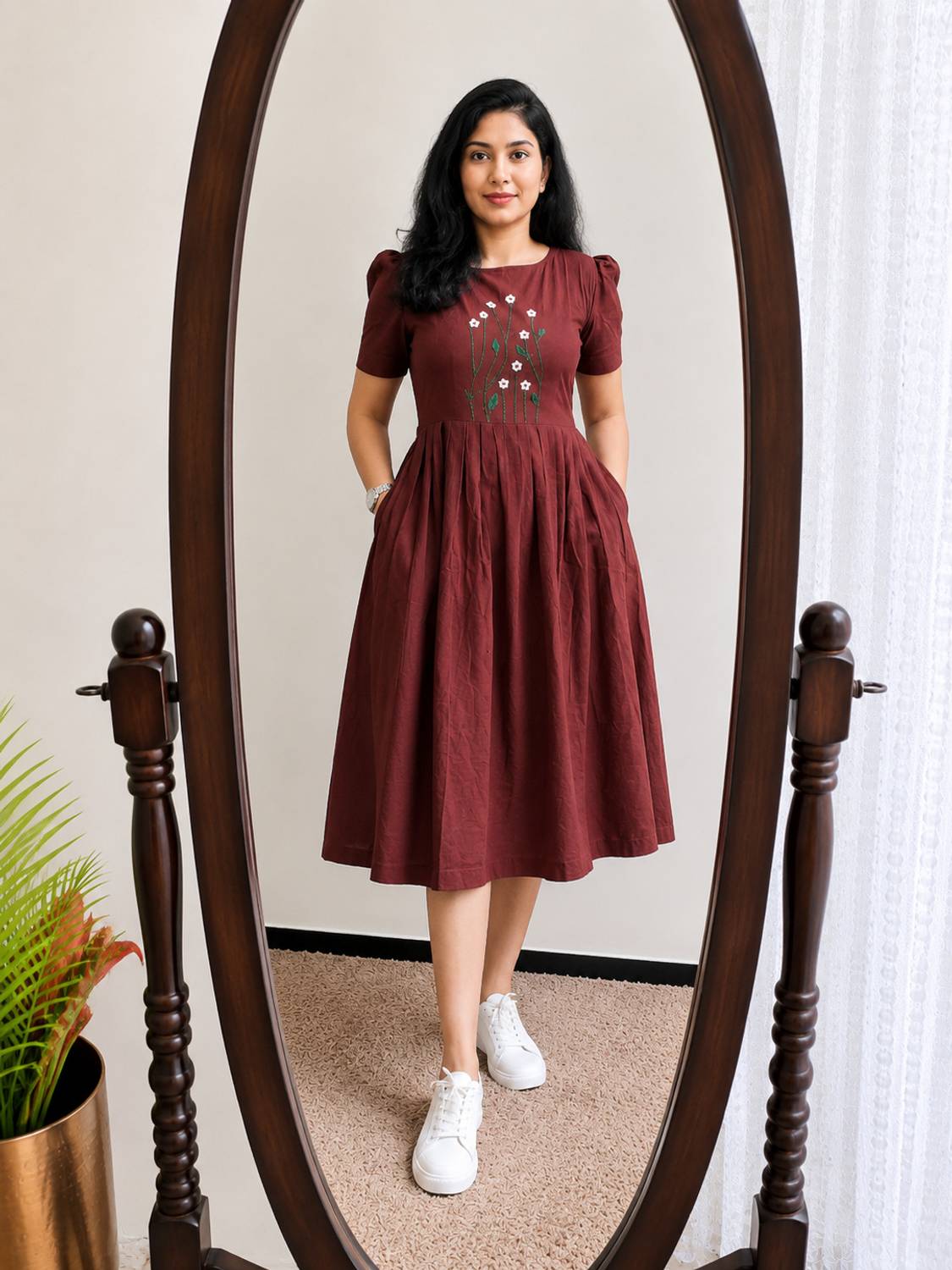Shri Women Maroon Fit and Flare Midi Dress - Image 1