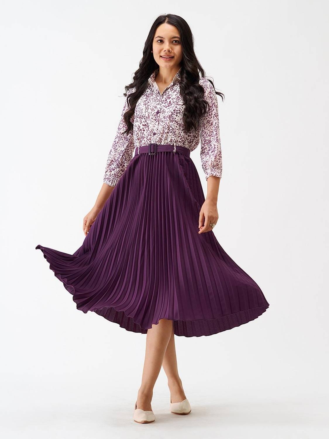 ZWERLON Women A-line Purple, White Midi/Calf Length Dress