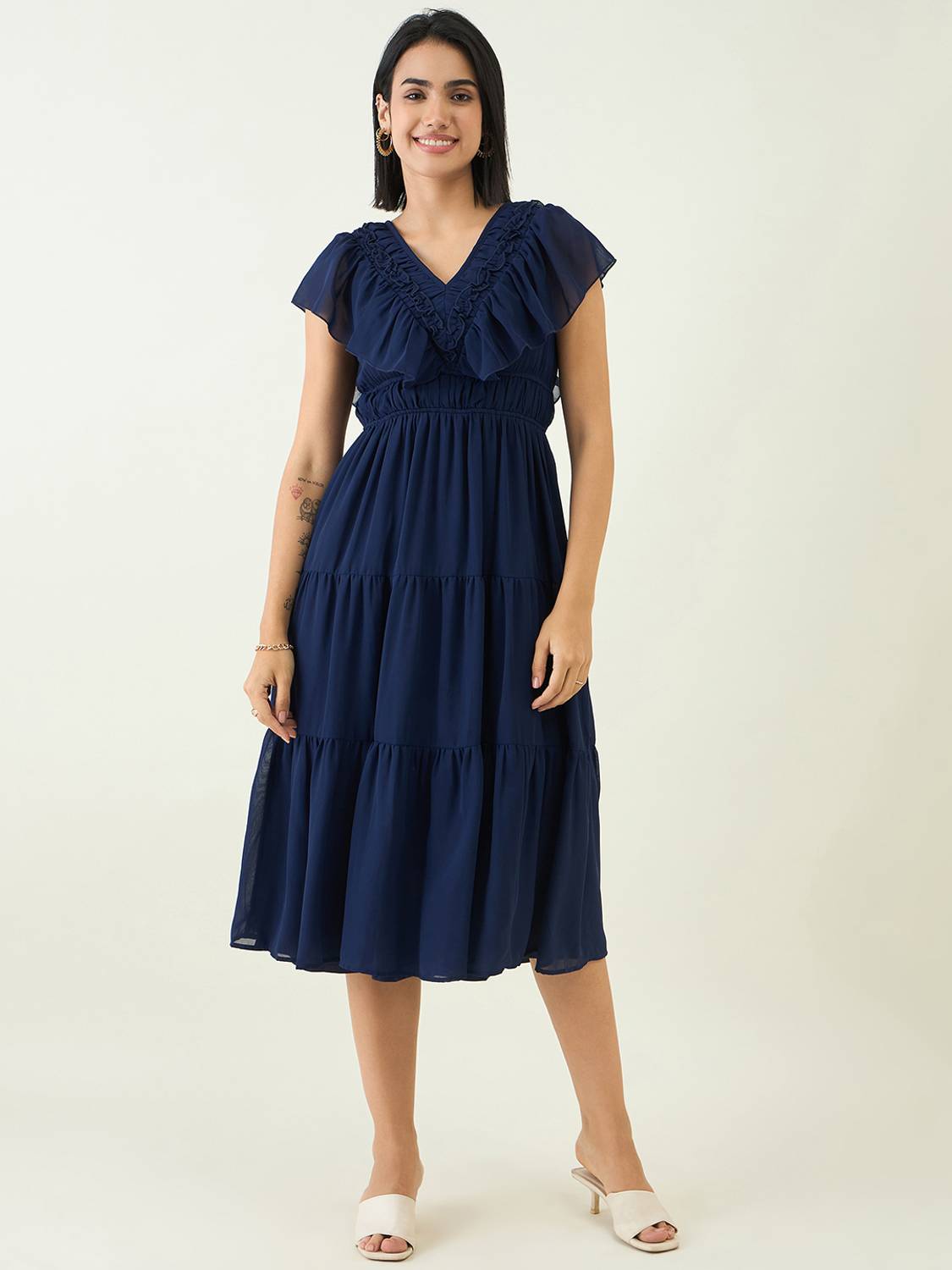 AAYU Women Fit and Flare Blue Below Knee Dress
