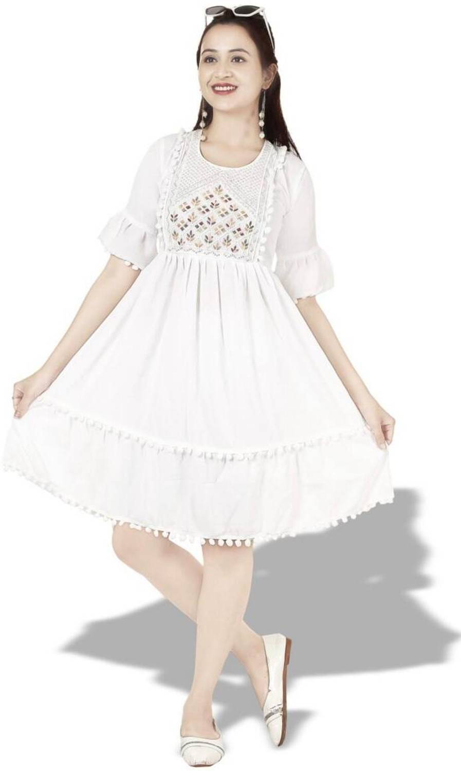 trendaura Women A-line White Knee Length Dress