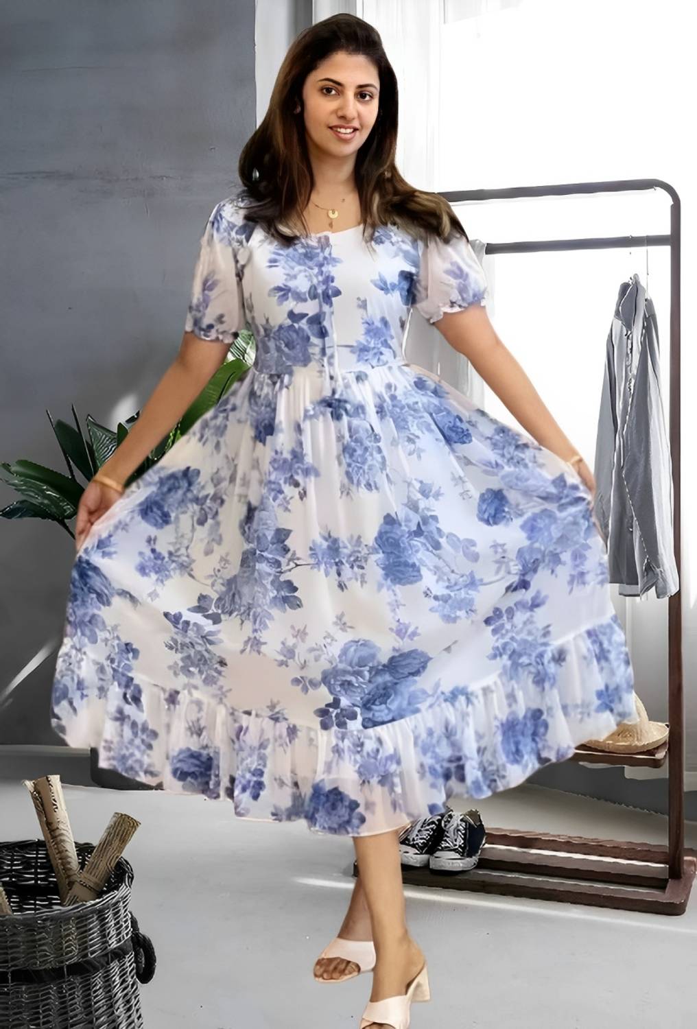 Apparell Women A-line Blue, White Midi/Calf Length Dress