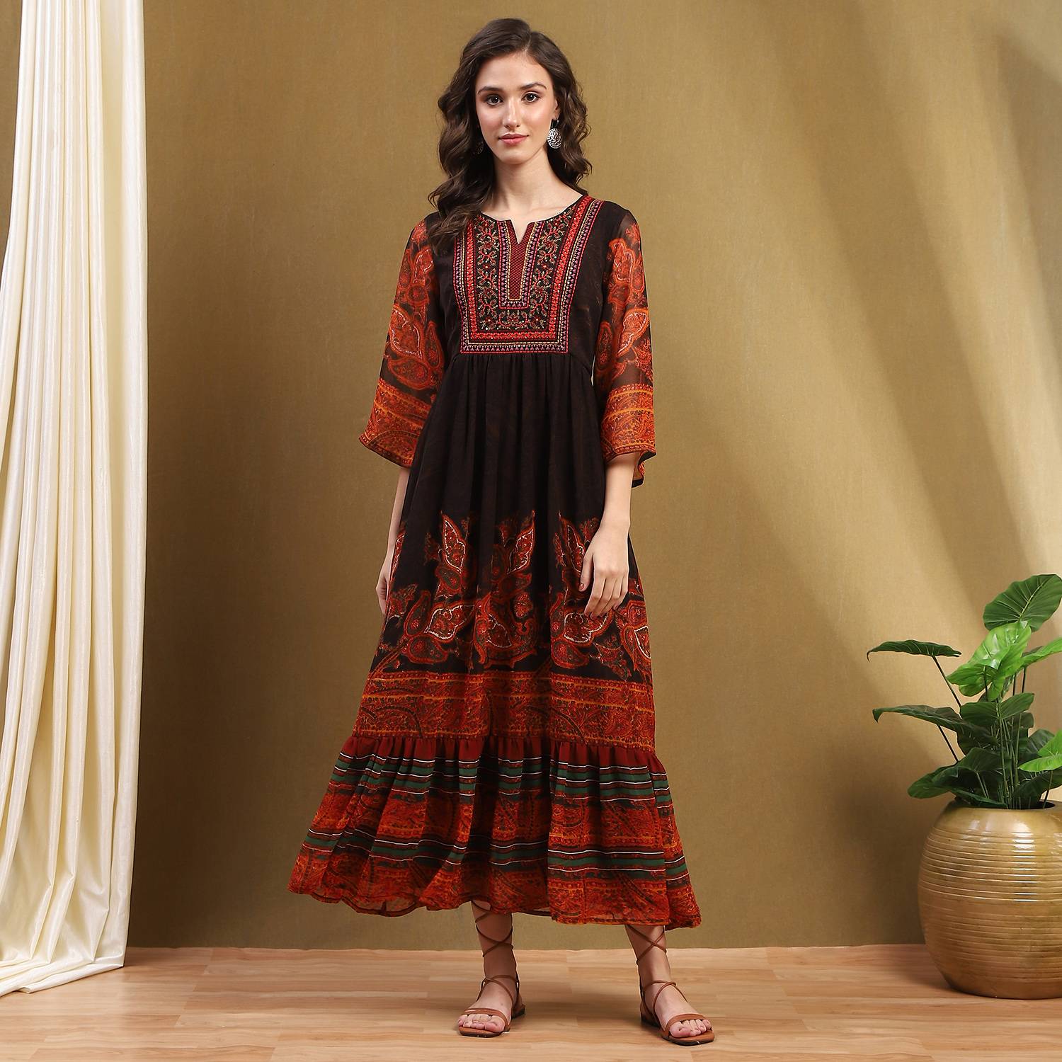BIBA Women Fit and Flare Multicolor Below Knee Dress