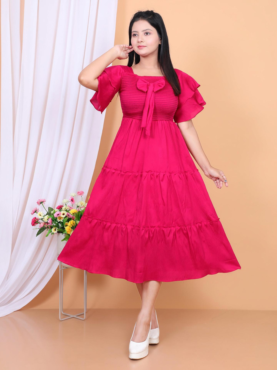 Image of DSGARMENT Women Fit and Flare Pink Maxi /Full Length Dress