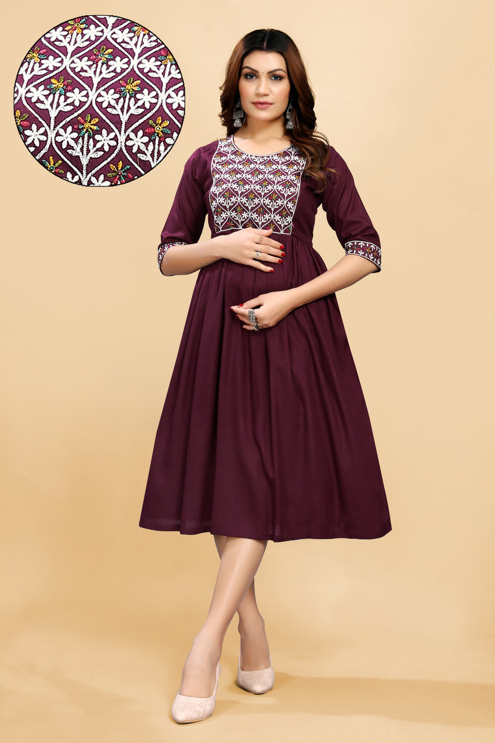 Image of sheladiya Women Fit and Flare Maroon Midi /Calf Length Dress