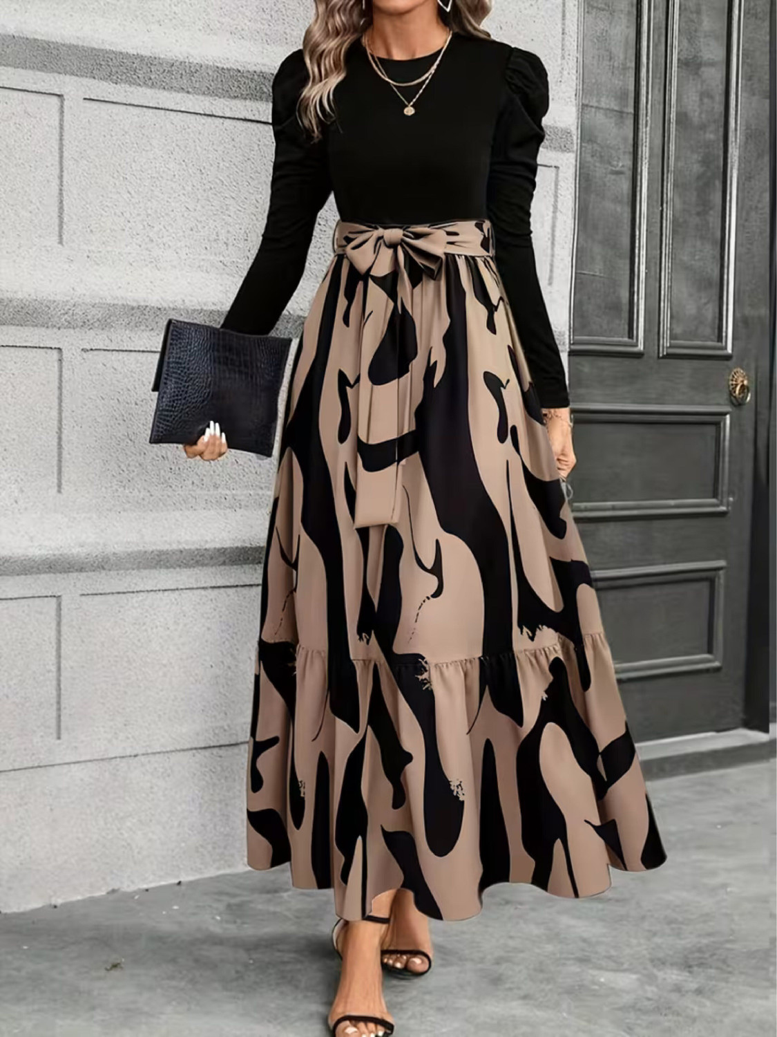 Image of JENKRA Women Fit and Flare Brown, Black Ankle Length Dress