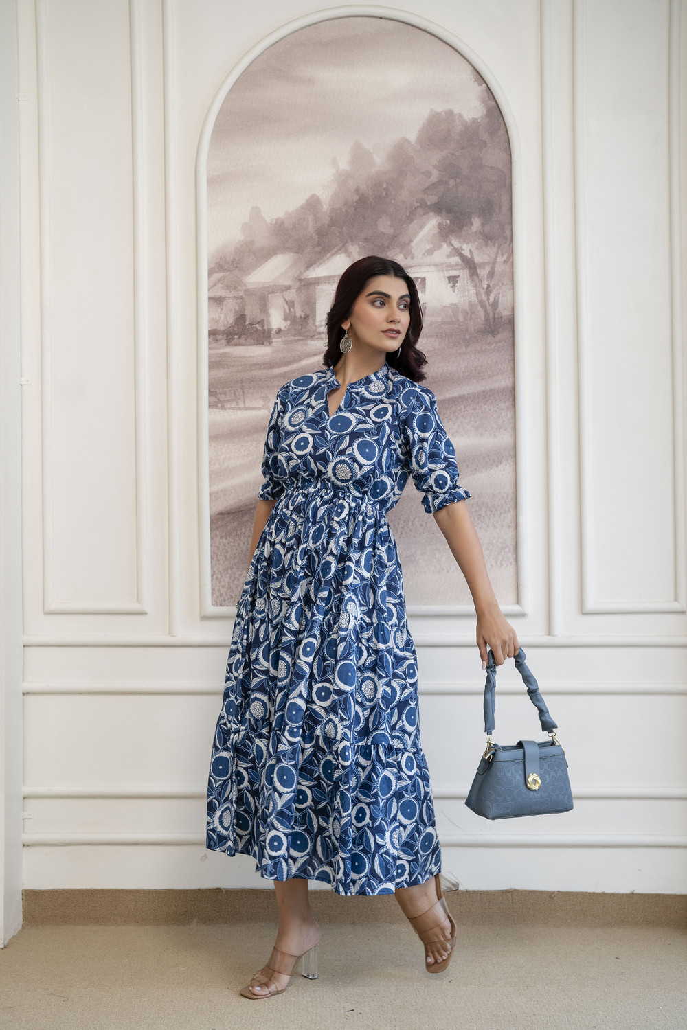 Image of FebQ Women Fit and Flare Blue Below Knee Dress