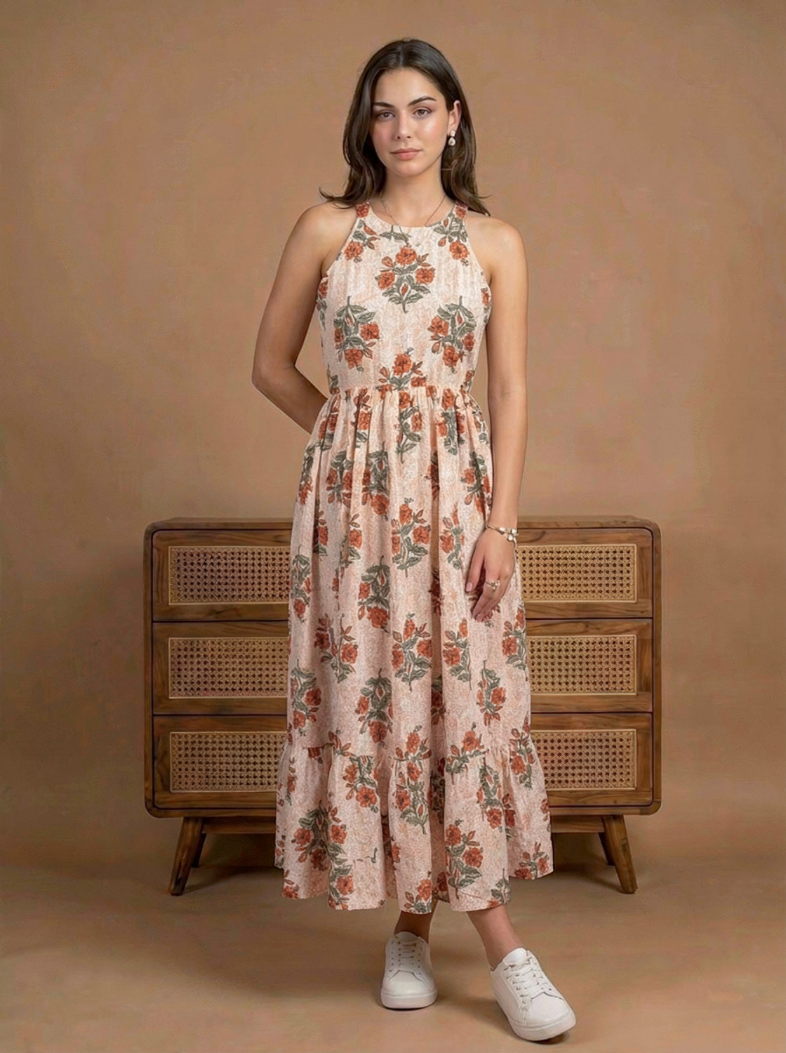 Image of PURSHOTTAM WALA Women Fit and Flare Orange Maxi /Full Length Dress