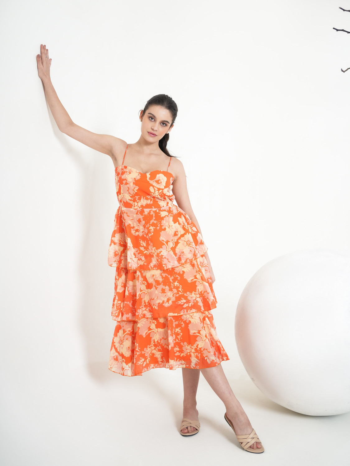 Image of PURVAJA Women Layered Orange Midi /Calf Length Dress