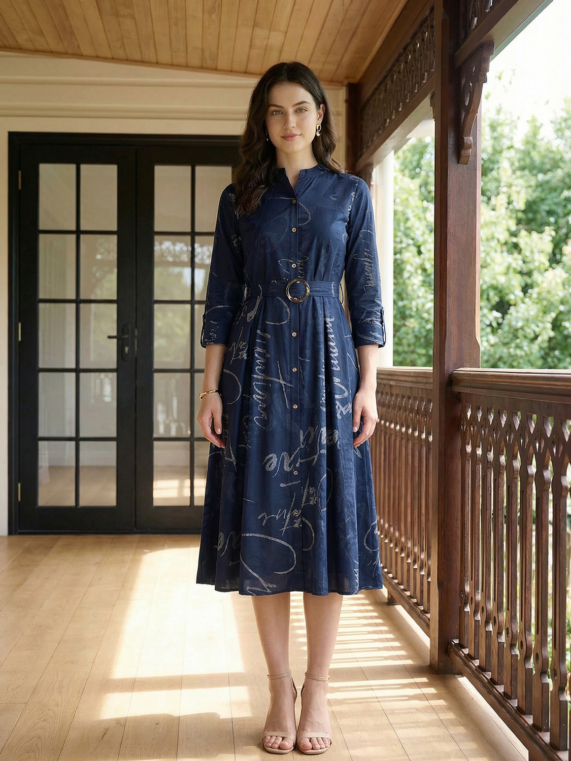 Image of ZUMMER Women Fit and Flare Blue Below Knee Dress