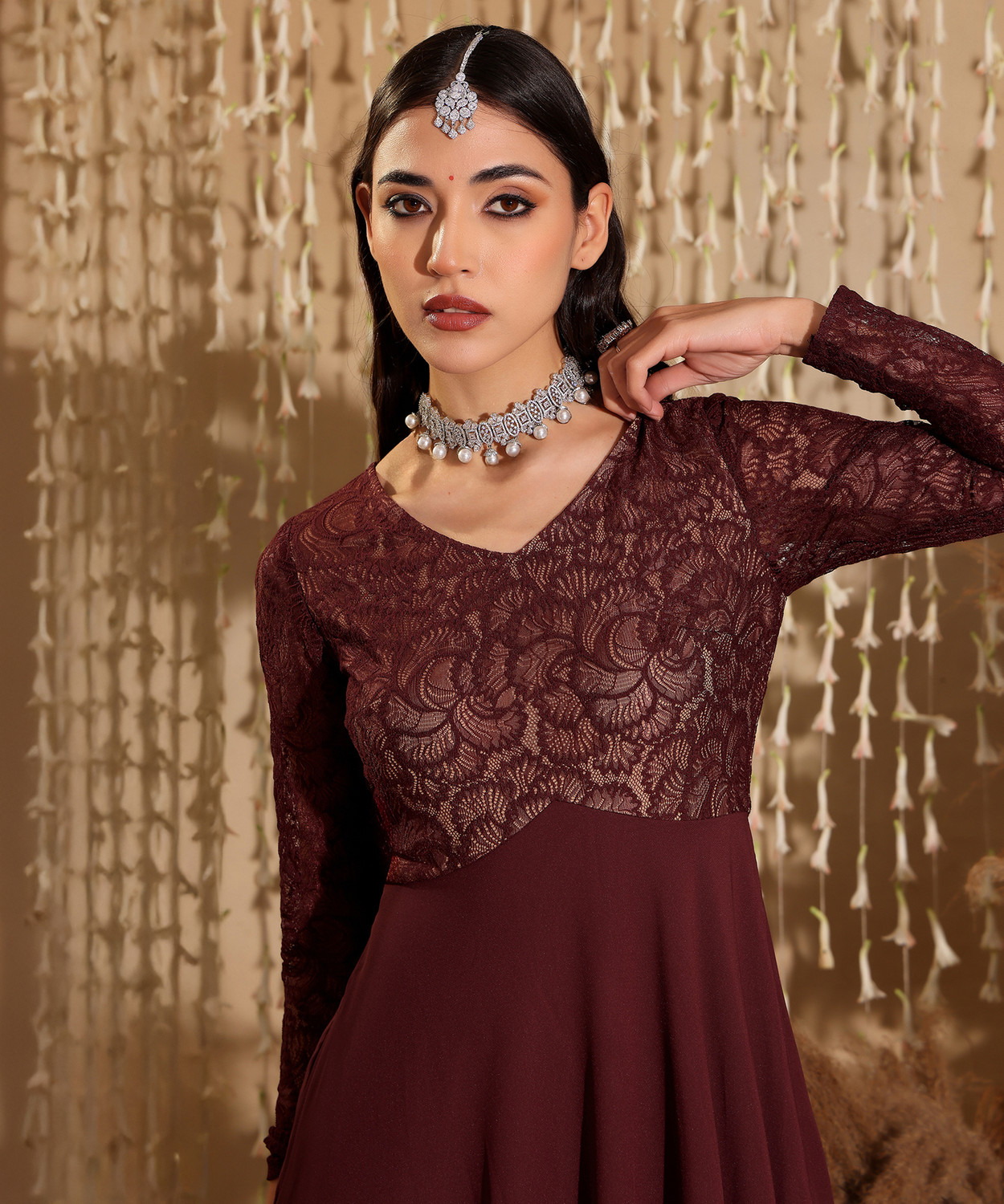 Image of Miss Chase Women Fit and Flare Maroon Maxi /Full Length Dress