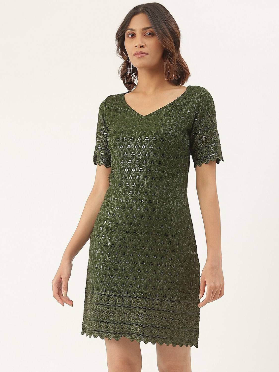 BRINNS Women A-line Green Above Knee/Mid Thigh Length Dress