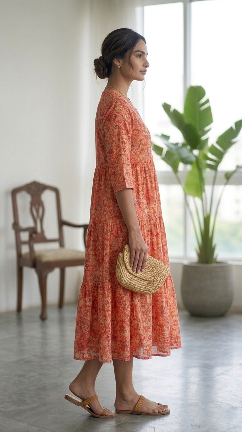 Image of Kachcha Dhaga Women Ethnic Dress Red, Orange Ankle Length Dress