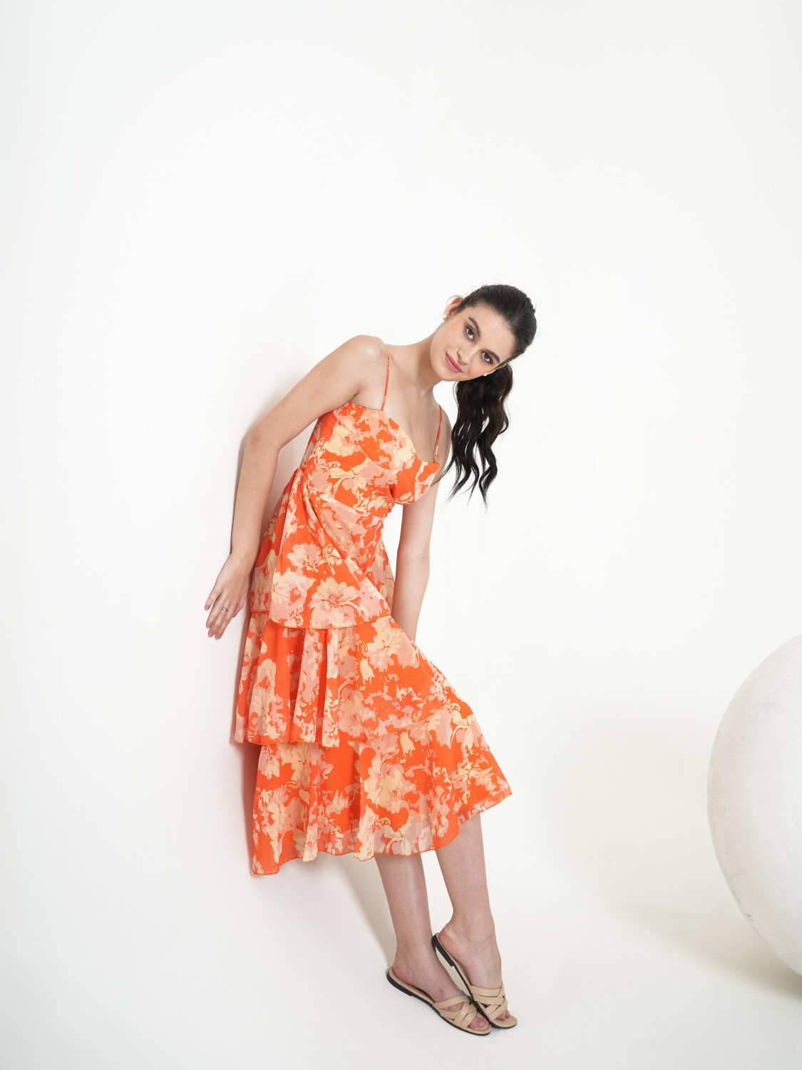 Image of PURVAJA Women Layered Orange Midi /Calf Length Dress