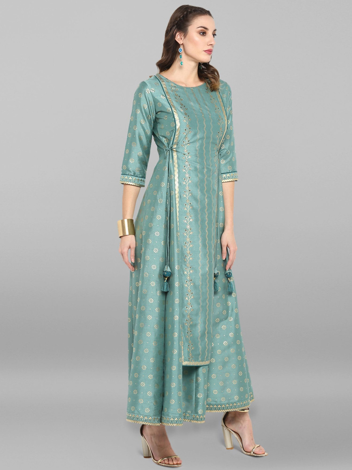 Image of Janasya Women Fit and Flare Light Green Maxi /Full Length Dress