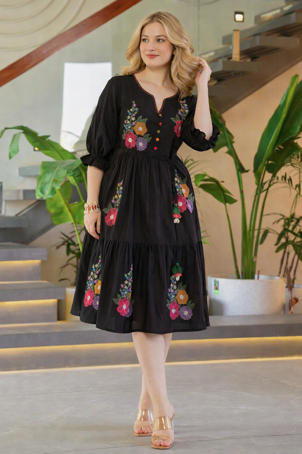 Image of tckty Women Tiered Black Midi /Calf Length Dress
