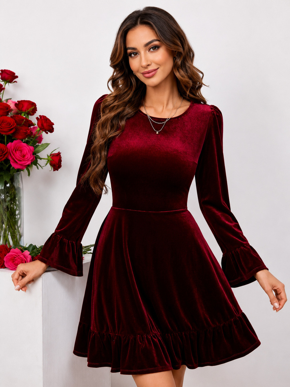 Image of CAJUNI Women Fit and Flare Maroon Knee Length Dress