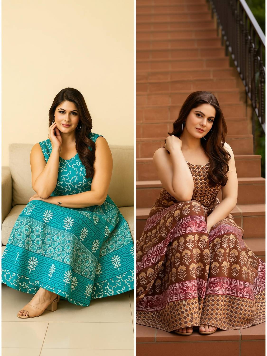 AALIVAAS Women Fit and Flare Blue, Brown Maxi/Full Length Dress