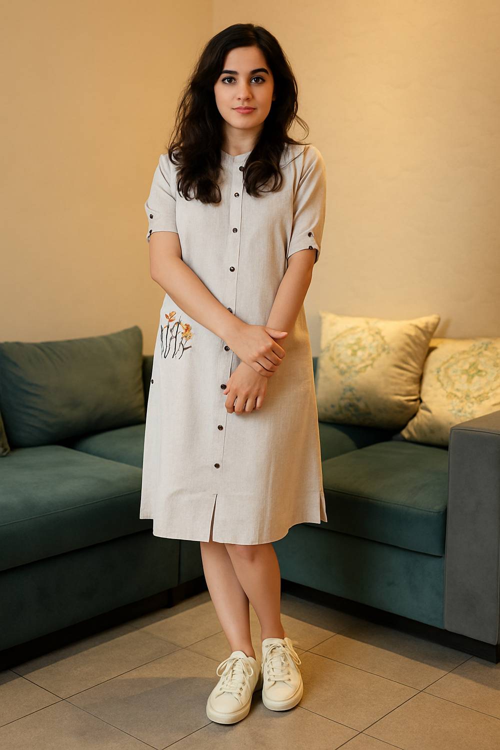 Beads N Stones Women A-line Beige Midi/Calf Length Dress