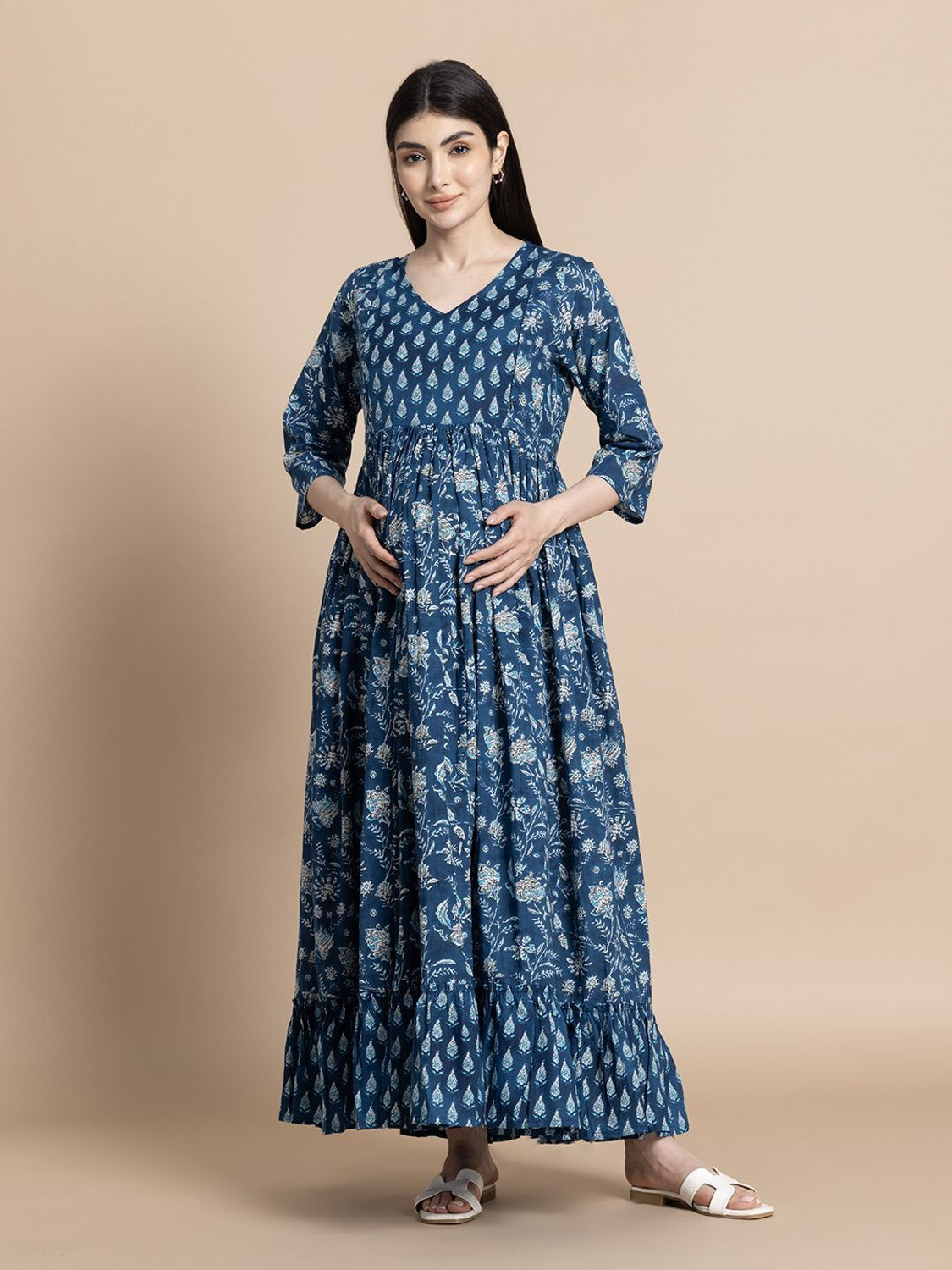 Image of Gulabi Jaipur Women Fit and Flare Blue, White Maxi /Full Length Dress